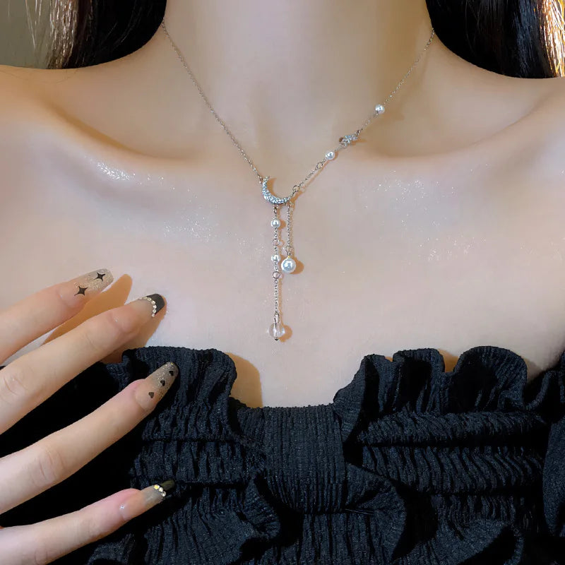 925 Sterling Silver Star Moon Necklace Pearl Tassel Collarbone Chain Sparkling Zircon Pendant