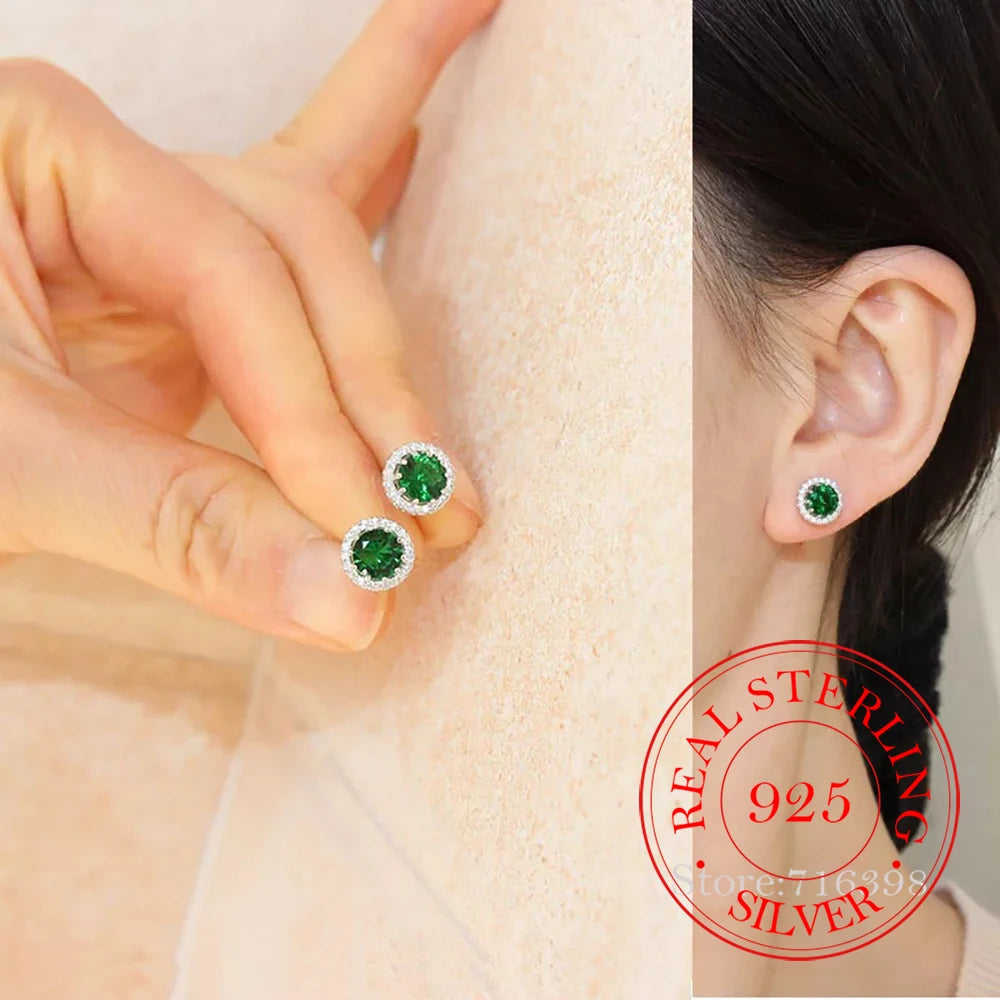 New 925 Sterling Silver Cute round Real Zircon Crystal Stud Earrings Fine Jewelry