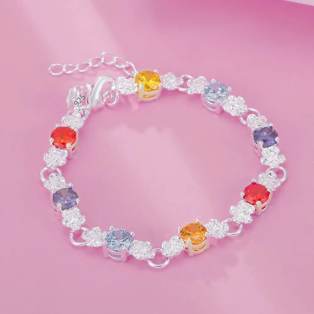 925 Sterling Silver Classy Colored Crystal Bracelet Jewelry