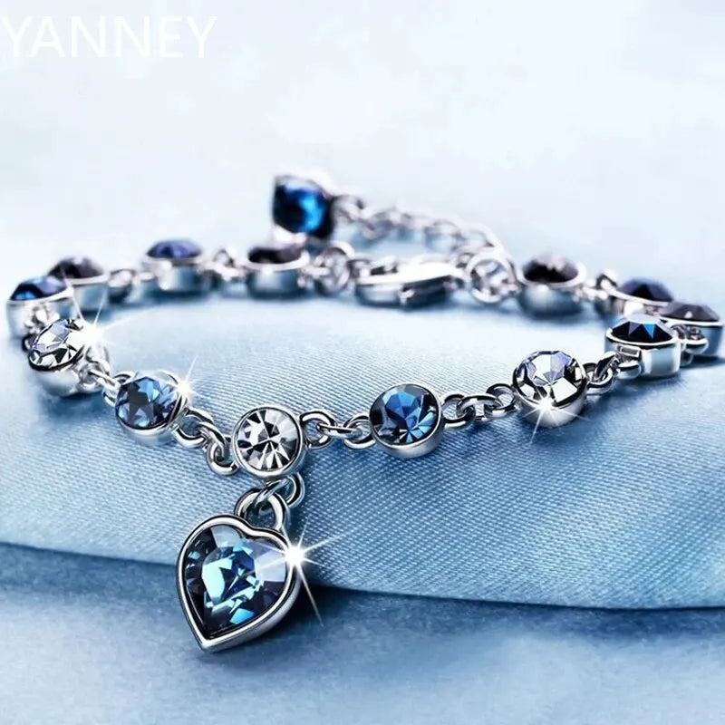 925 Silver Lucky Bracelet Blue Crystal Heart Charm Bracelet Fine Jewelry