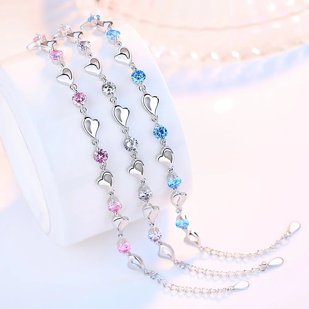 925 Sterling Silver Heart Shaped Bracelet Pink Crystal Charm Bracelets Jewelry