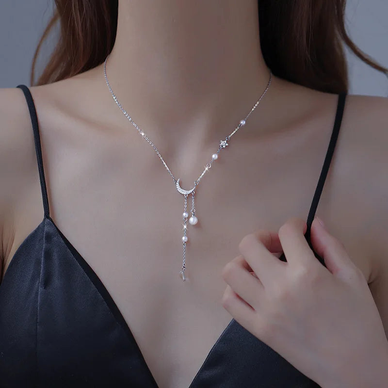 925 Sterling Silver Star Moon Necklace Pearl Tassel Collarbone Chain Sparkling Zircon Pendant