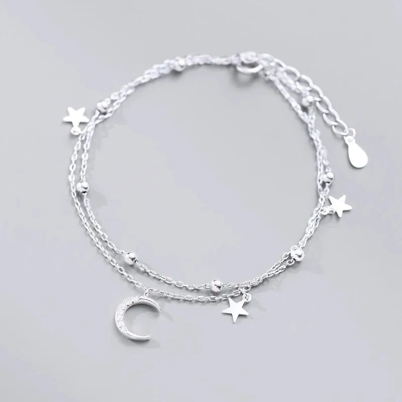 Sparking 925 Sterling Silver Star Moon Bracelets Vintage Crystal Bracelets Charm Jewelry