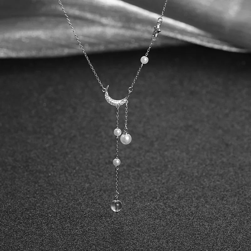 925 Sterling Silver Star Moon Necklace Pearl Tassel Collarbone Chain Sparkling Zircon Pendant