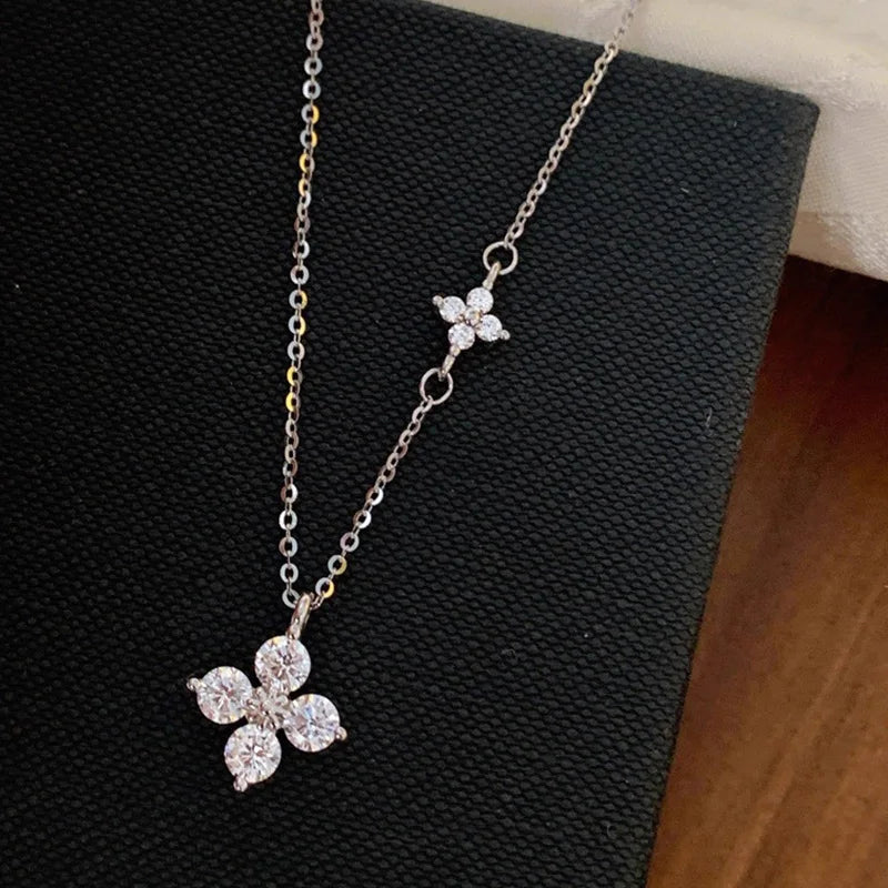 925 Sterling Silver 14K Gold Plated Dainty Lucky CZ Leaf Flower Pendant Necklace