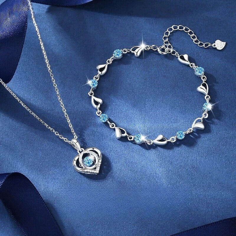 925 Sterling Silver Heart Shaped Necklace Bracelet Set Vintage Korean Blue Crystal Bracelets Jewelry Set
