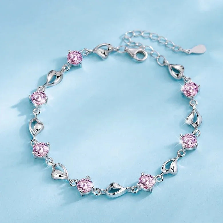 925 Sterling Silver Heart Shaped Bracelet Pink Crystal Charm Bracelets Jewelry