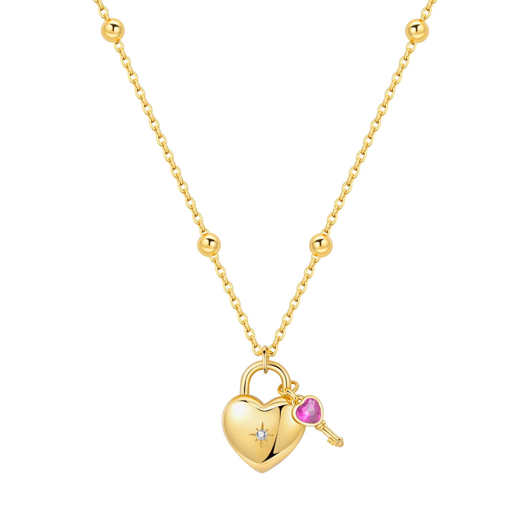 925 Sterling Silver 18K Gold Heart-Shaped Lock Key Necklace Pendant Necklace Jewelry