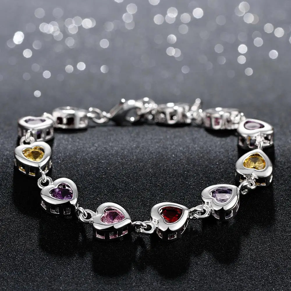Solid 925 Sterling Silver Chain Beautiful Colors Crystal Zircon Stone Bracelet