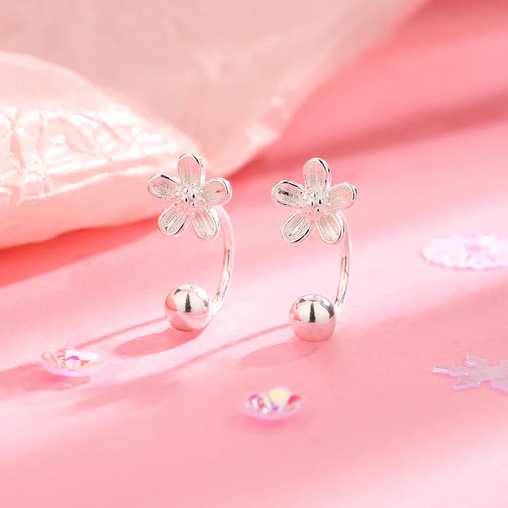 Silver Color Flower Screw Puncture Stud Earrings Fashion Jewelry Light Luxury Minimalist Accessories