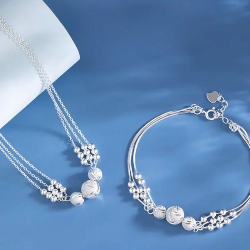 925 Sterling Silver Necklace Bracelet Set Luxury Original Multi Layer Beads Jewelry Set