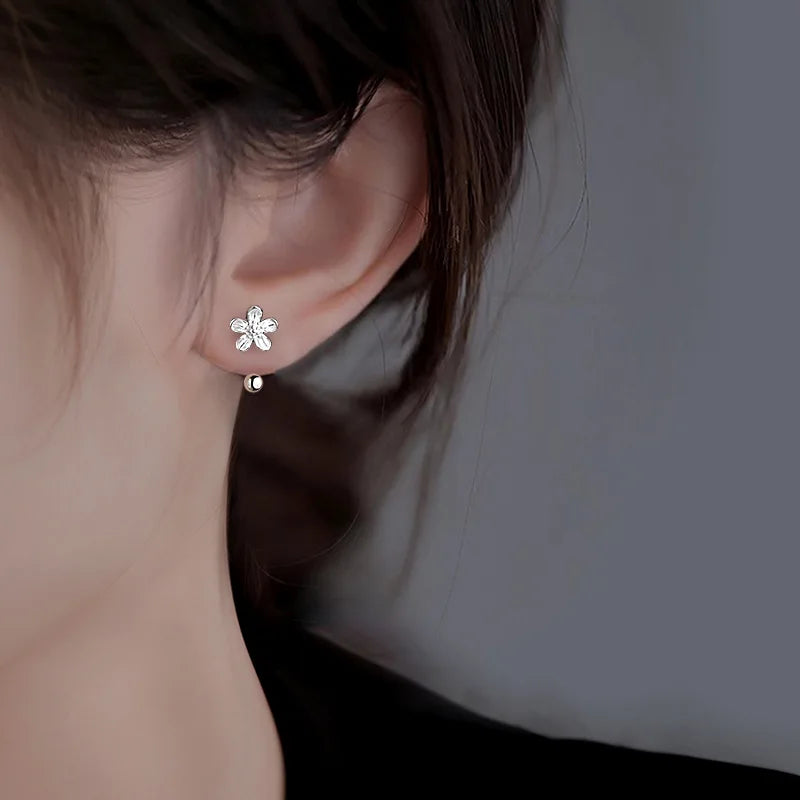 Silver Color Flower Screw Puncture Stud Earrings Fashion Jewelry Light Luxury Minimalist Accessories
