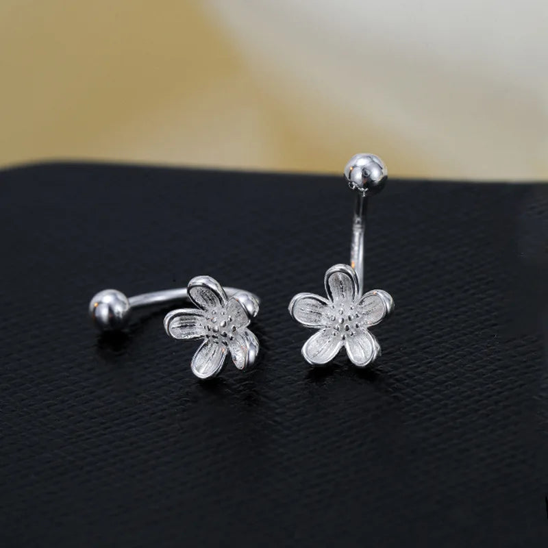 Silver Color Flower Screw Puncture Stud Earrings Fashion Jewelry Light Luxury Minimalist Accessories