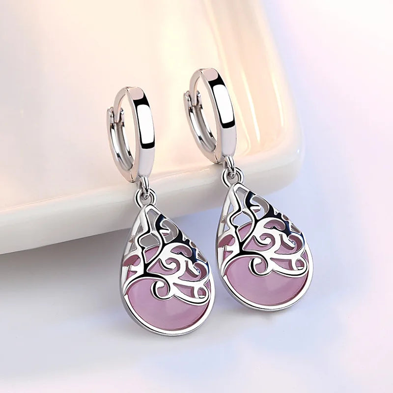 Trendy Opal Stone Flower 925 Sterling Silver Stud Earrings Jewelry