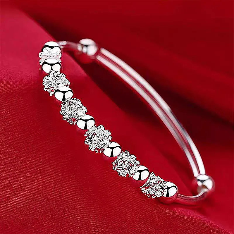 New 925 Sterling Silver Beaded Flowers Bangle Bracelet Fine Jewelry