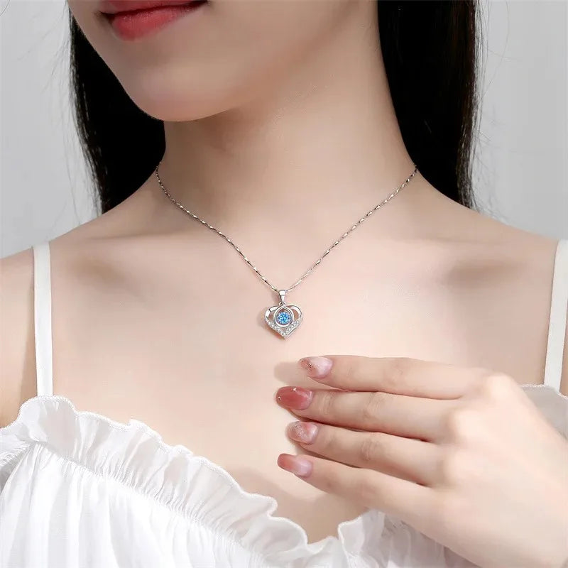 925 Sterling Silver Heart Shaped Necklace Bracelet Set Vintage Korean Blue Crystal Bracelets Jewelry Set