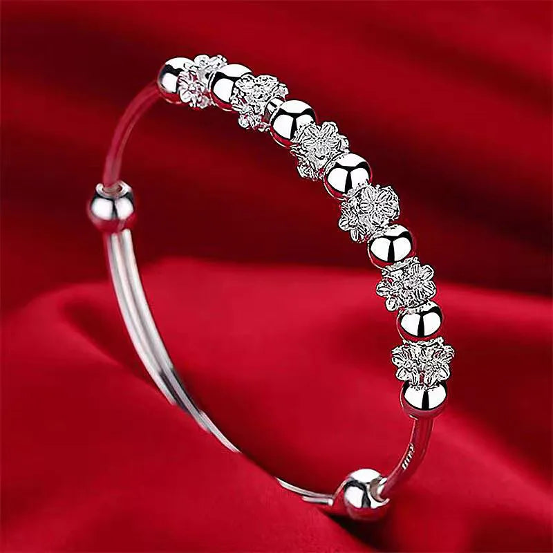 New 925 Sterling Silver Beaded Flowers Bangle Bracelet Fine Jewelry
