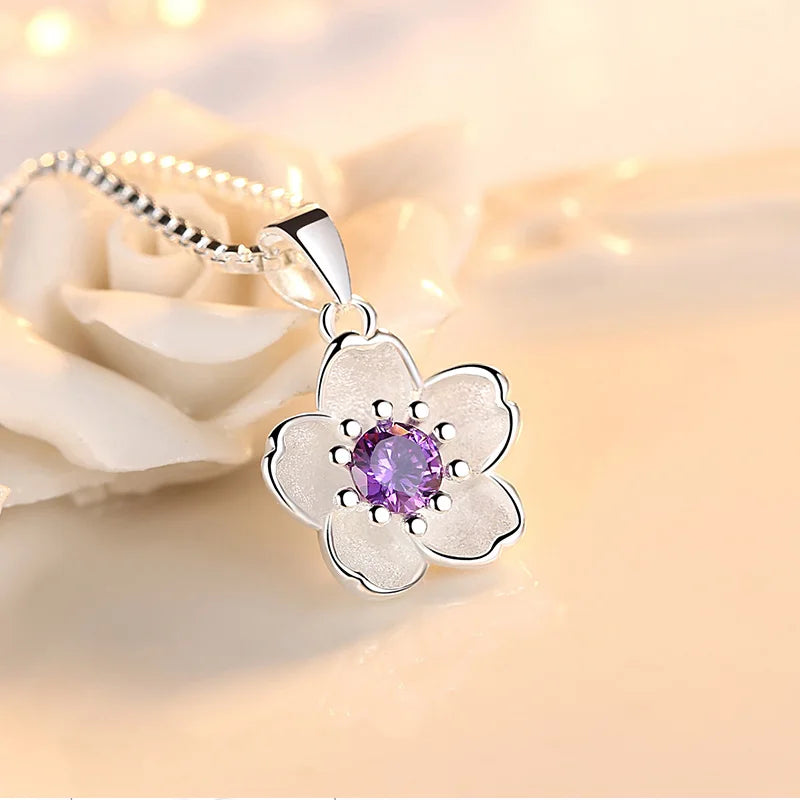 925 Sterling Silver Pink Purple Peach Blossom Necklace Retro Luxury Jewelry Accessorie