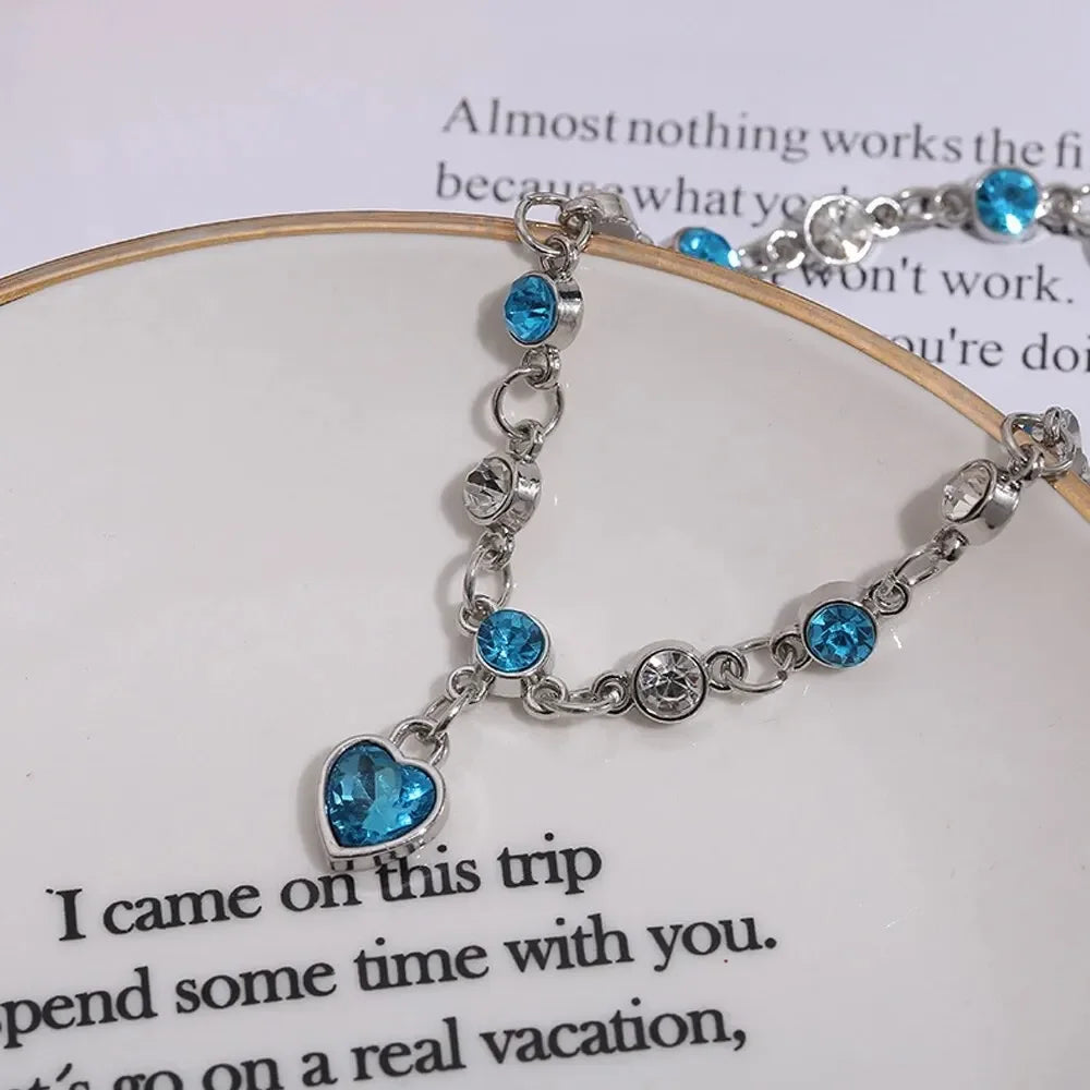925 Silver Lucky Bracelet Blue Crystal Heart Charm Bracelet Fine Jewelry
