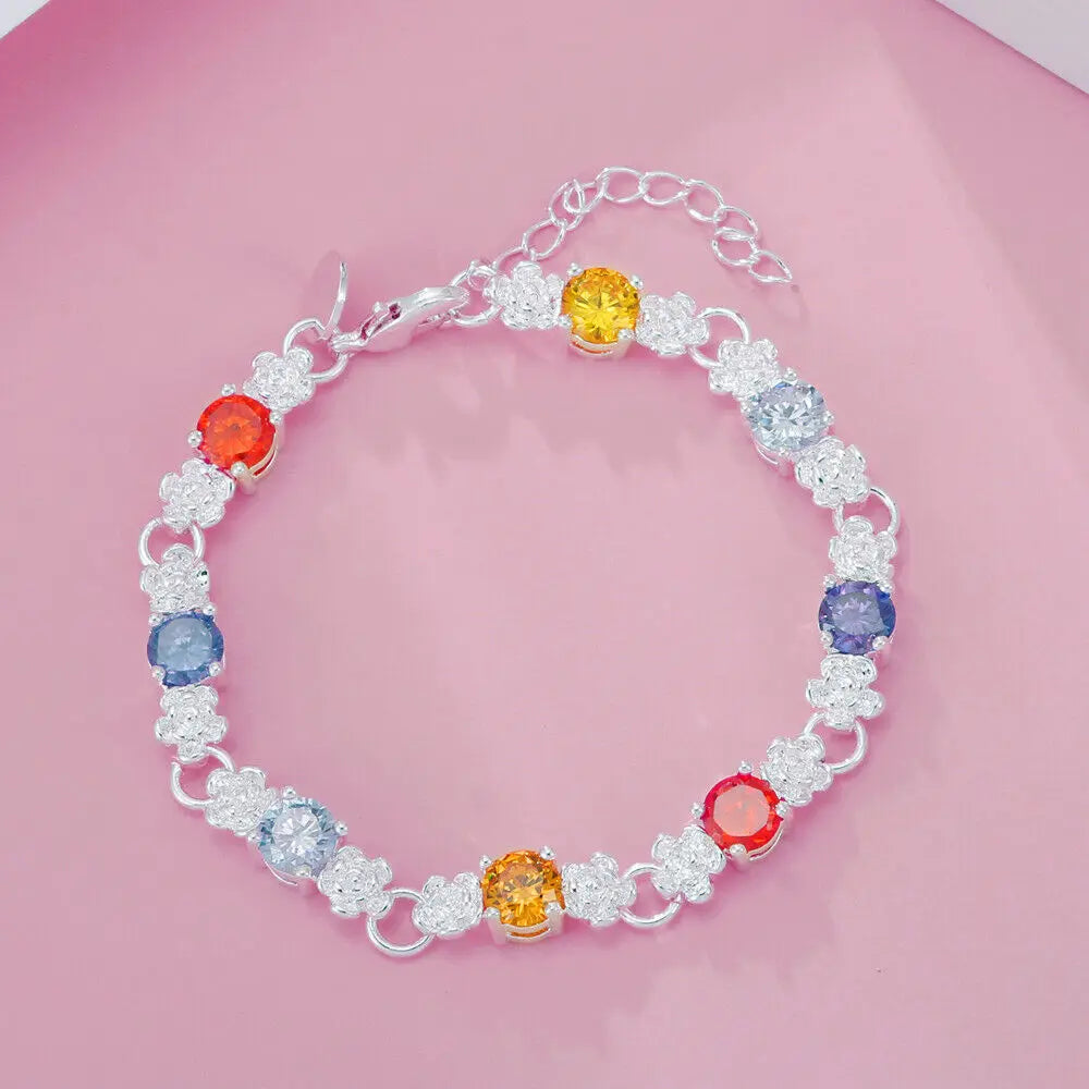 925 Sterling Silver Classy Colored Crystal Bracelet Jewelry