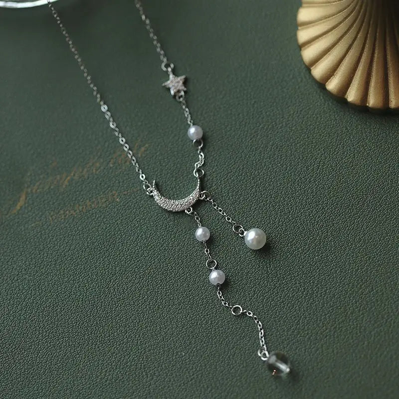 925 Sterling Silver Star Moon Necklace Pearl Tassel Collarbone Chain Sparkling Zircon Pendant