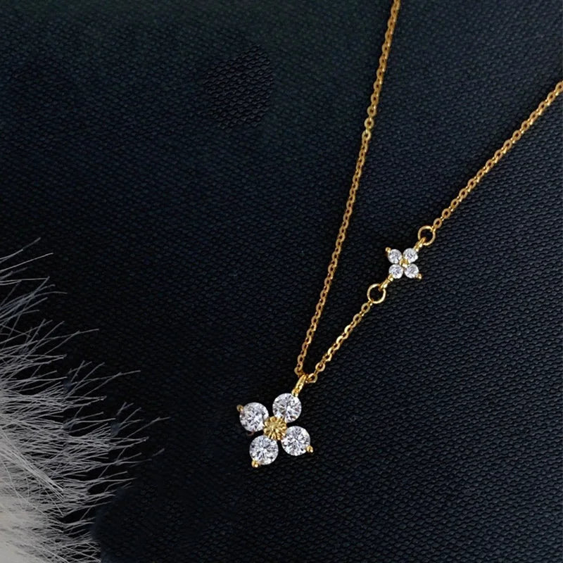 925 Sterling Silver 14K Gold Plated Dainty Lucky CZ Leaf Flower Pendant Necklace
