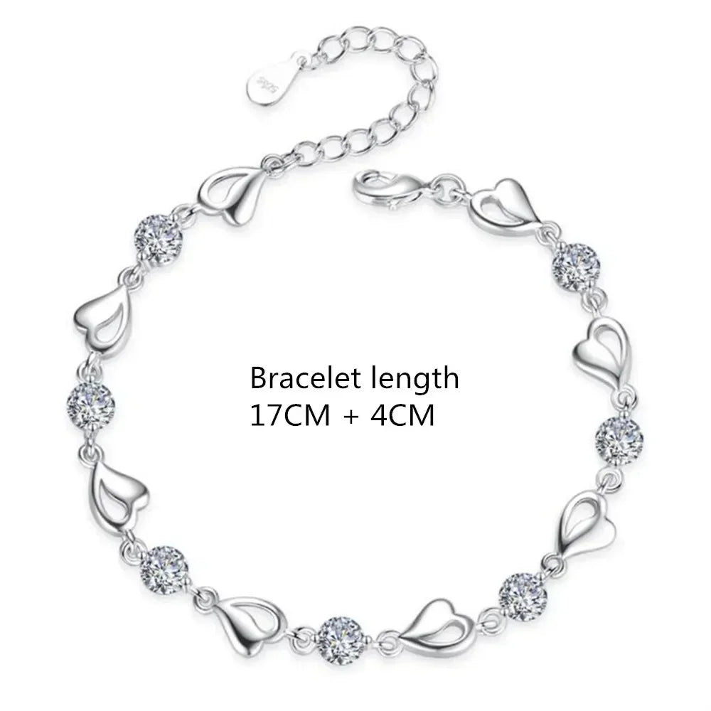 925 Sterling Silver Heart Shaped Bracelet Pink Crystal Charm Bracelets Jewelry