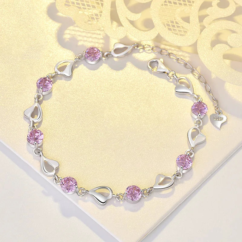 925 Sterling Silver Heart Shaped Bracelet Pink Crystal Charm Bracelets Jewelry