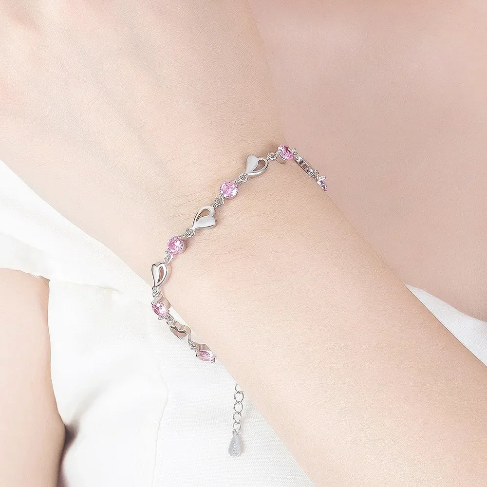 925 Sterling Silver Heart Shaped Bracelet Pink Crystal Charm Bracelets Jewelry