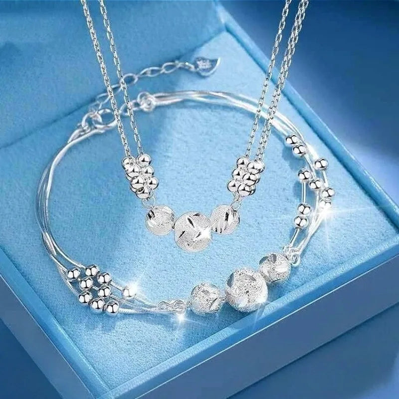 925 Sterling Silver Necklace Bracelet Set Luxury Original Multi Layer Beads Jewelry Set