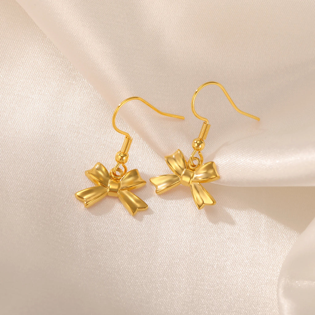 Kpop Bowknot Dangle Earrings for Women Trendy Stainless Steel Earrings Steel Gold Color