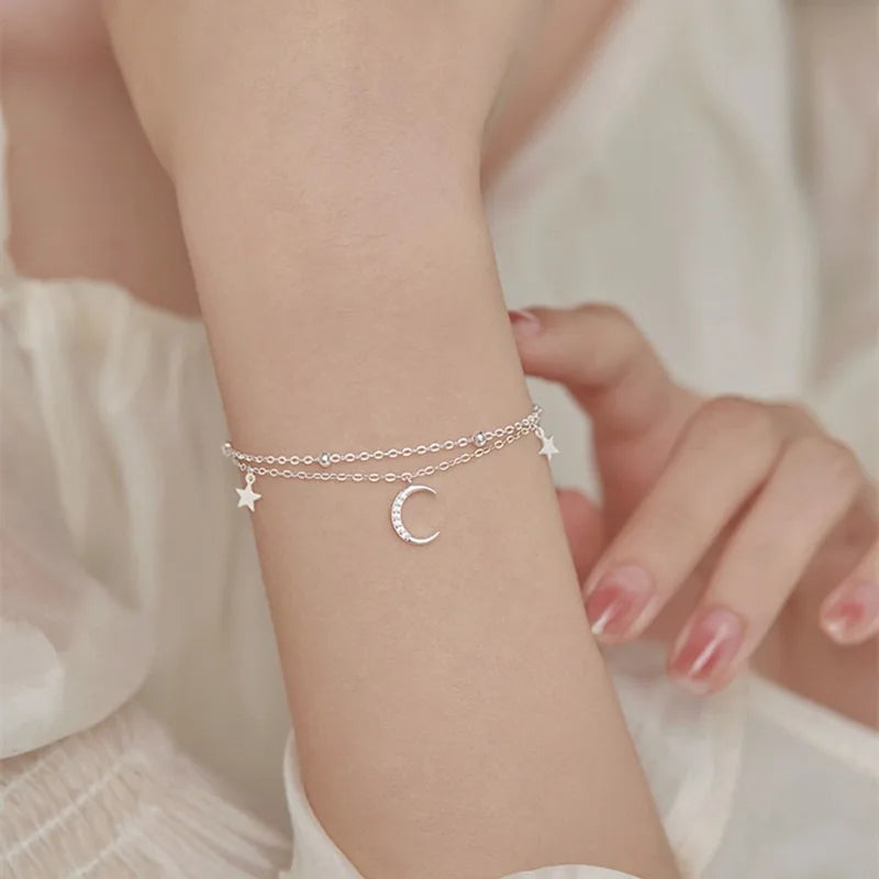 Sparking 925 Sterling Silver Star Moon Bracelets Vintage Crystal Bracelets Charm Jewelry