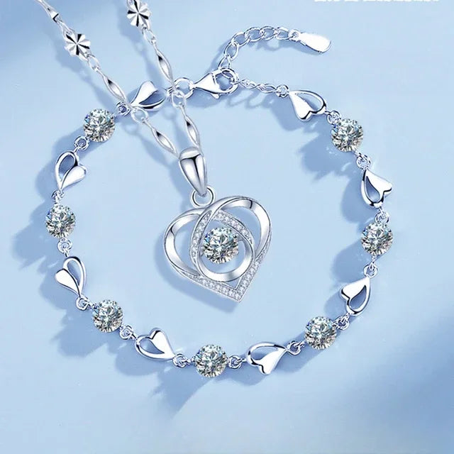 925 Sterling Silver Heart Shaped Necklace Bracelet Set Vintage Korean Blue Crystal Bracelets Jewelry Set