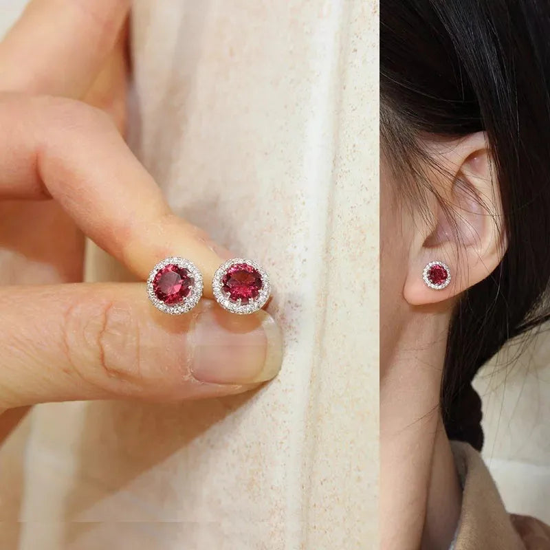New 925 Sterling Silver Cute round Real Zircon Crystal Stud Earrings Fine Jewelry