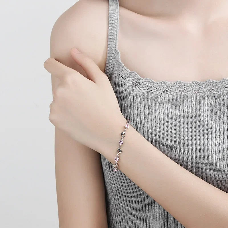 925 Sterling Silver Heart Shaped Bracelet Pink Crystal Charm Bracelets Jewelry