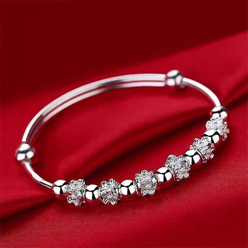 New 925 Sterling Silver Beaded Flowers Bangle Bracelet Fine Jewelry