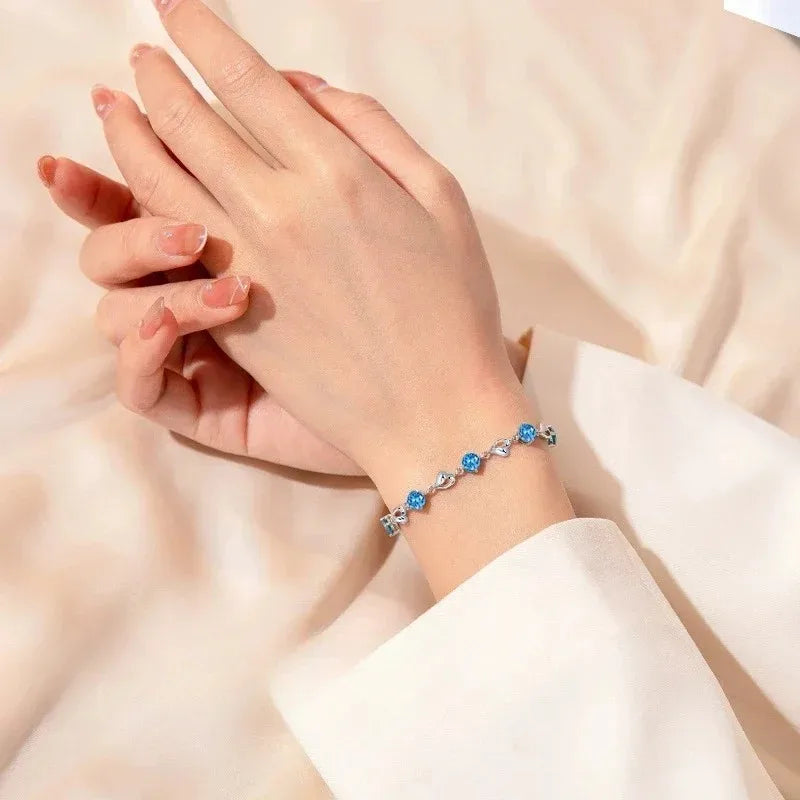 925 Sterling Silver Heart Shaped Necklace Bracelet Set Vintage Korean Blue Crystal Bracelets Jewelry Set