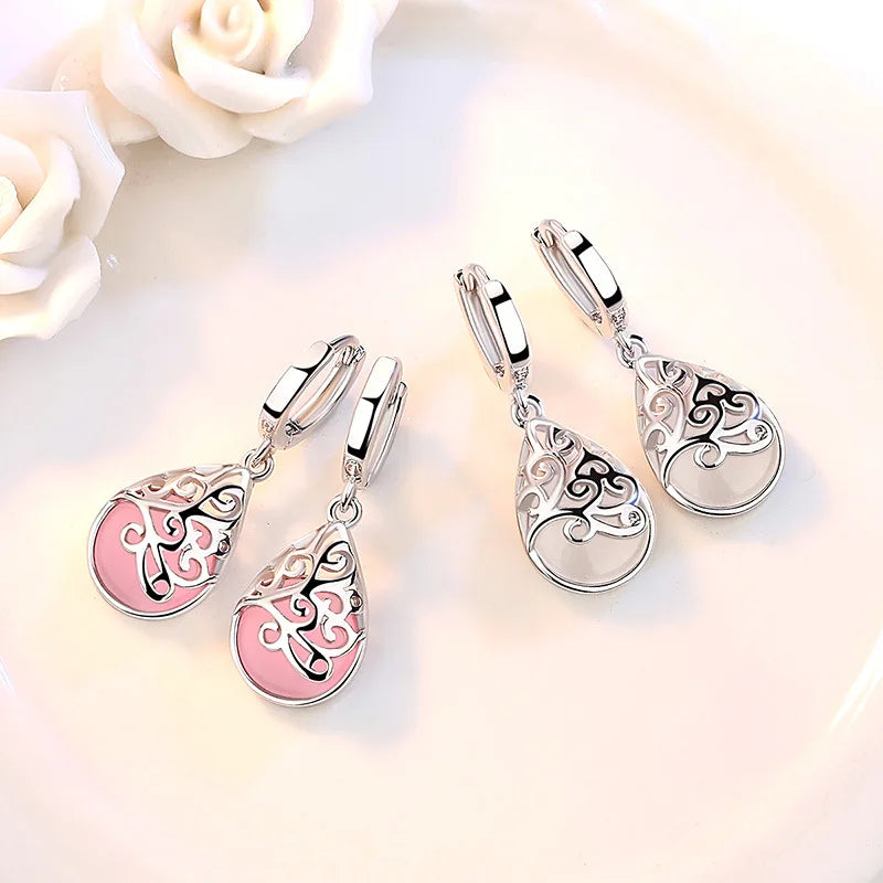 Trendy Opal Stone Flower 925 Sterling Silver Stud Earrings Jewelry
