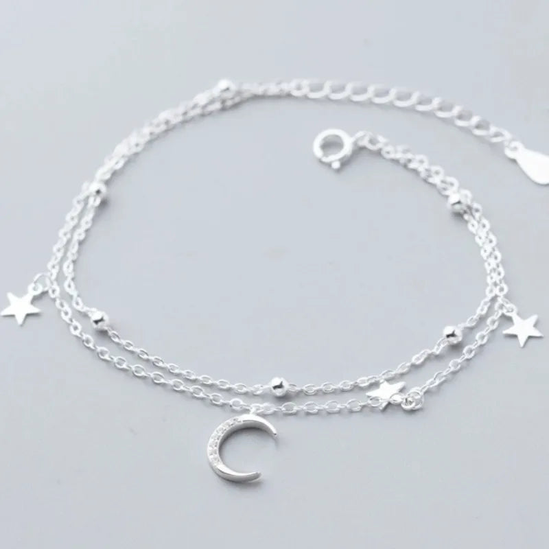 Sparking 925 Sterling Silver Star Moon Bracelets Vintage Crystal Bracelets Charm Jewelry