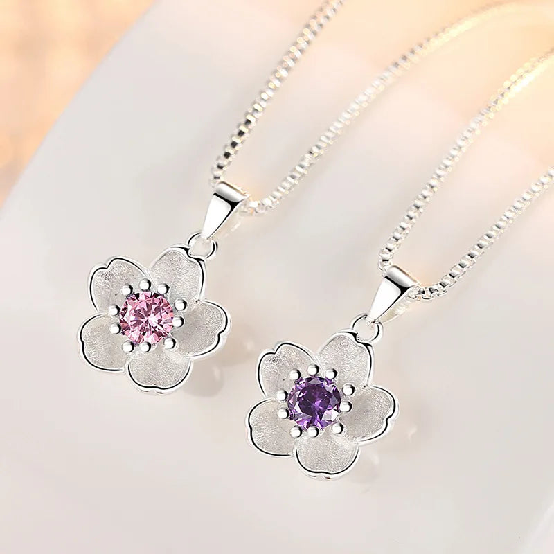 925 Sterling Silver Pink Purple Peach Blossom Necklace Retro Luxury Jewelry Accessorie