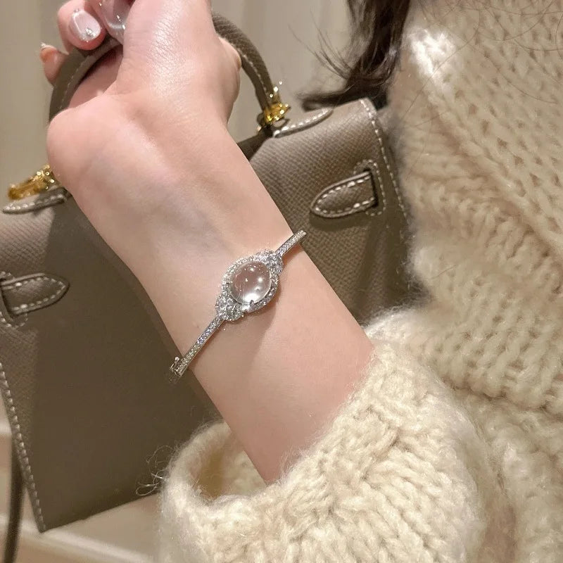 New 923 Sterling Silver Natural Ice Inlay Diamond Rows Luxury Bangle Bracelet Fine Jewelry