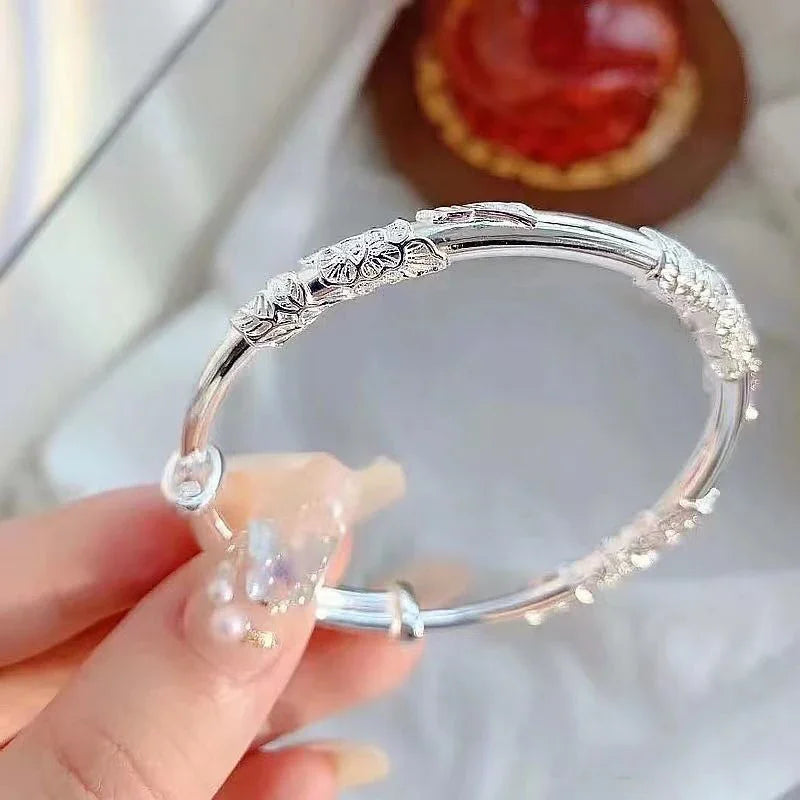 New 925 Sterling Silver Delicate Flowers Bangle Bracelet