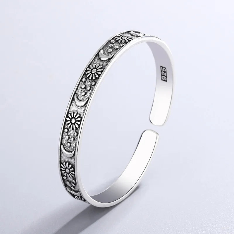Pure 925 Sterling Silver Retro Personality Star Moon and Flower Bangle Cuff Bracelet
