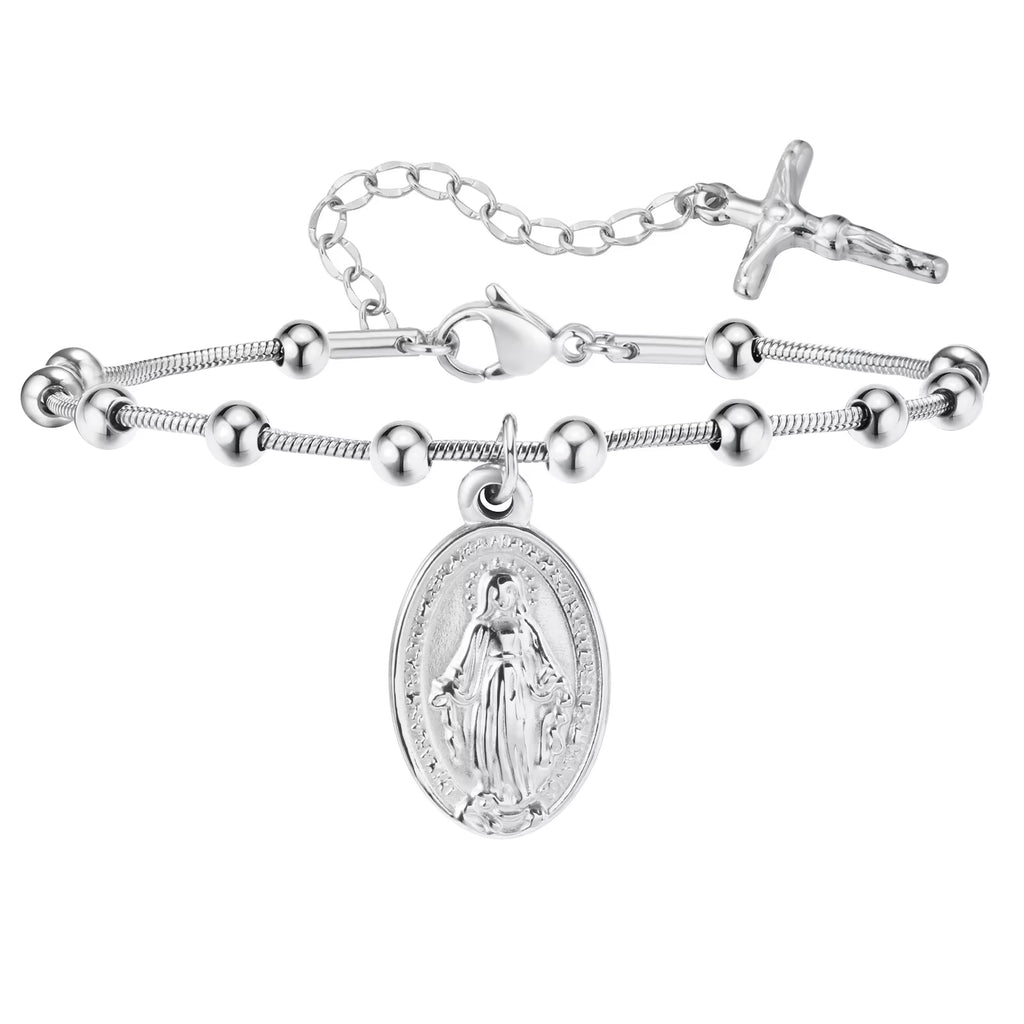 Stainless Steel 18k Gold Plated Rosary Bracelet Religious Cross and Virgin Mary Prayer Bracelet