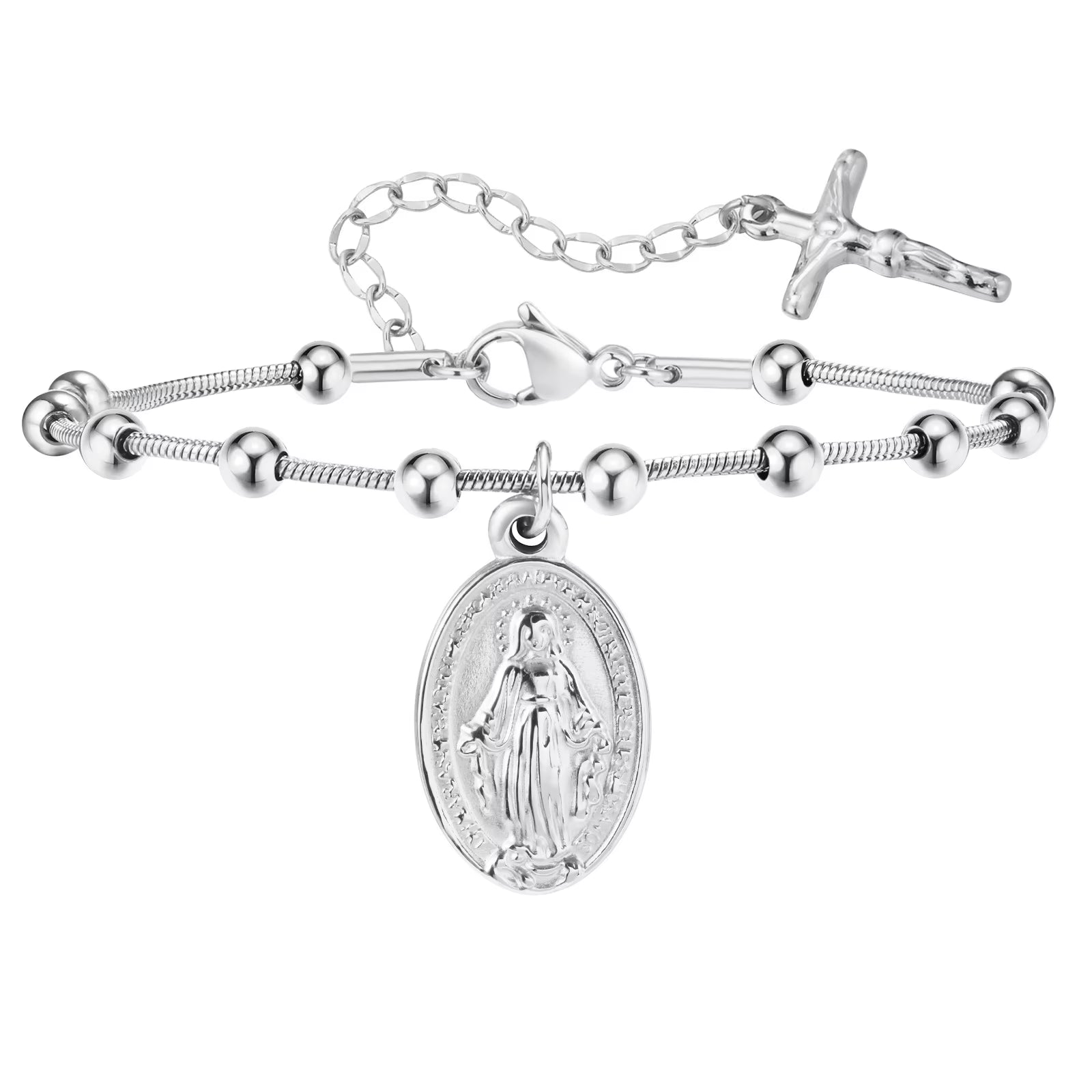 Stainless Steel 18k Gold Plated Rosary Bracelet Religious Cross and Virgin Mary Prayer Bracelet