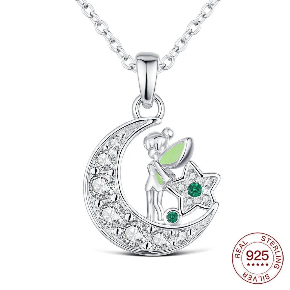 New 925 Sterling Silver Flower Fairy Elf Moon Pendant Necklace Jewelry Fine Jewelry