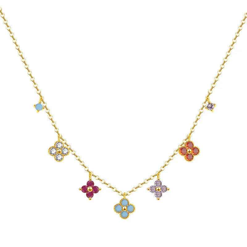 925 Sterling Silver Colorful AAA CZ Gold Color Clover Necklace Elegant Pendant Jewelry for Women Valentine'S Day Gift