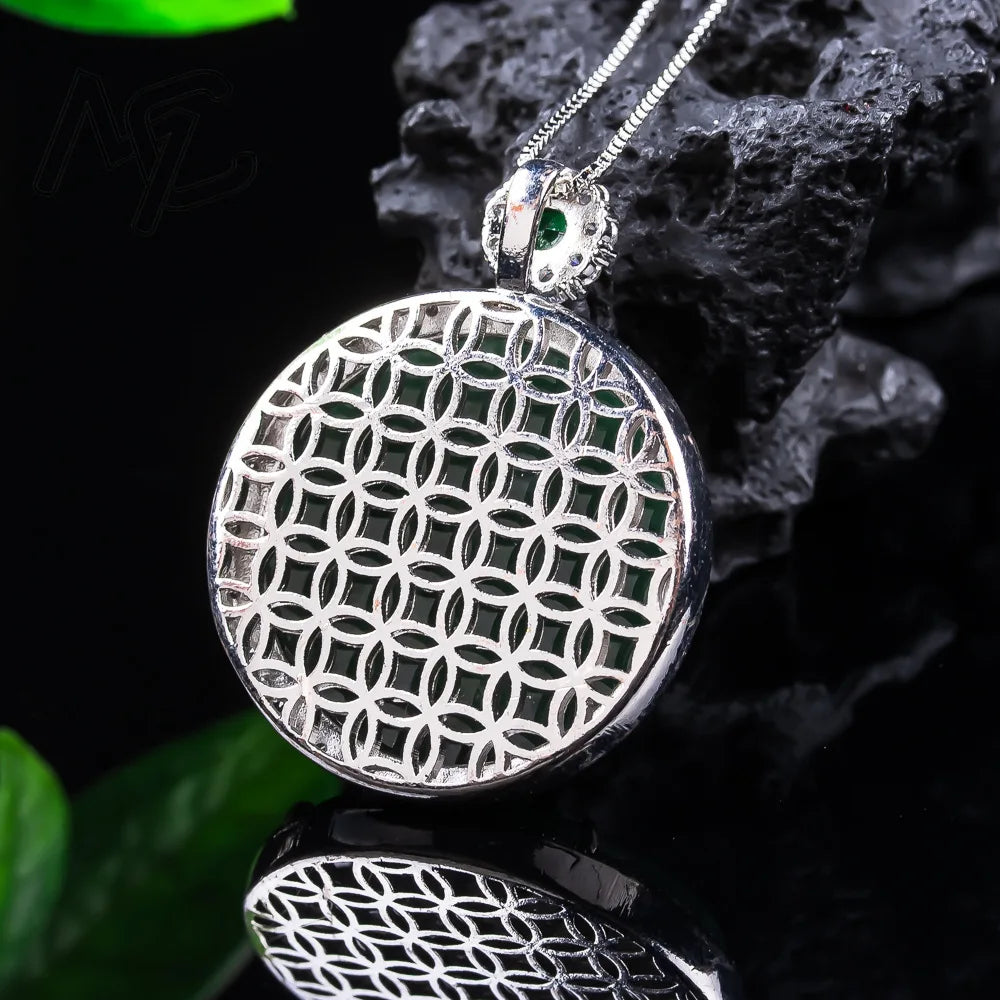 New S925 Sterling Silver Natural Real Emerald Jade Stone-Shadow Carving Phoenix Charm Pendant Jadeite Necklace Fine Jewelry