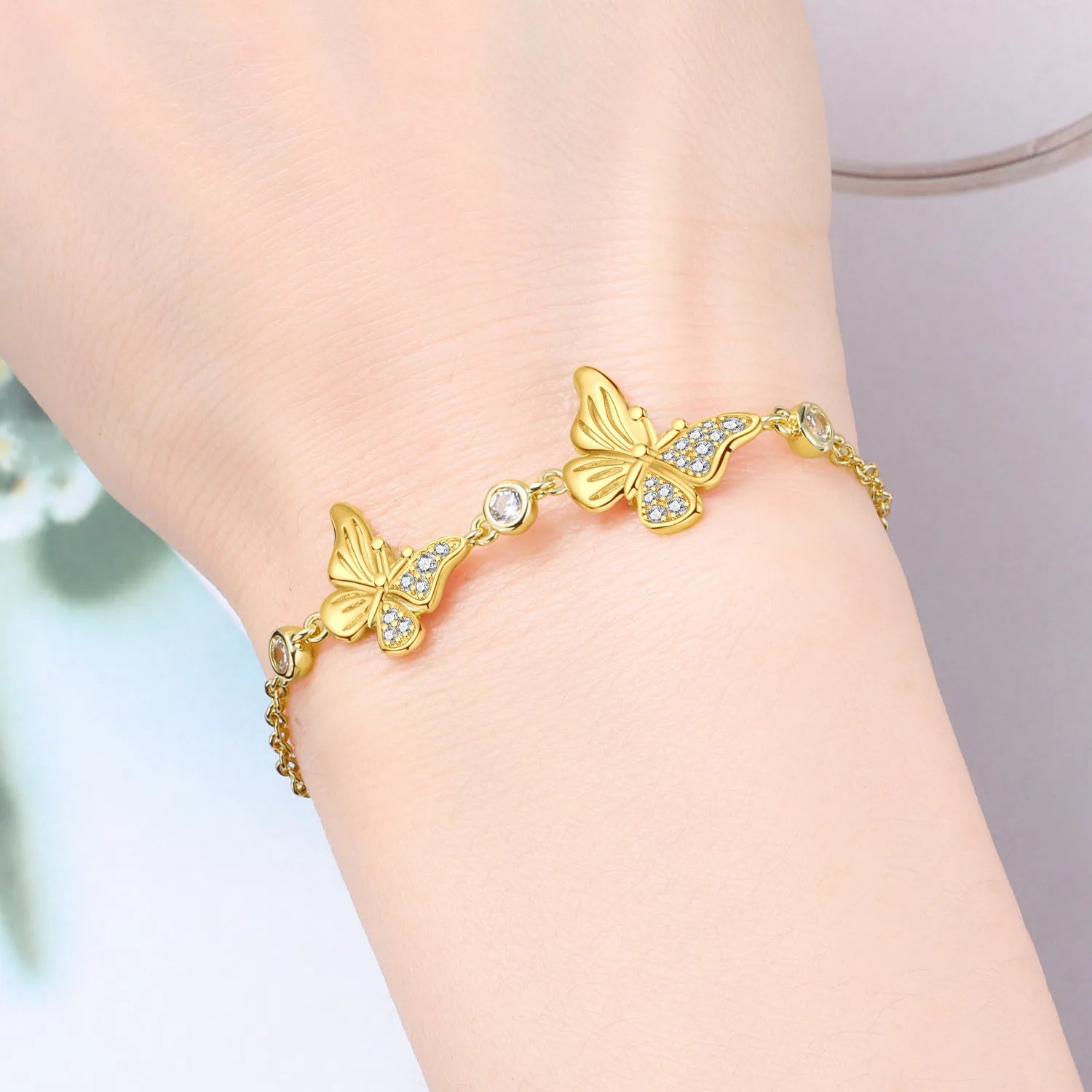 925 Sterling Silver Gold Plated Double Butterfly Adjustable Slider Bracelet Delicate Feminine Jewelry