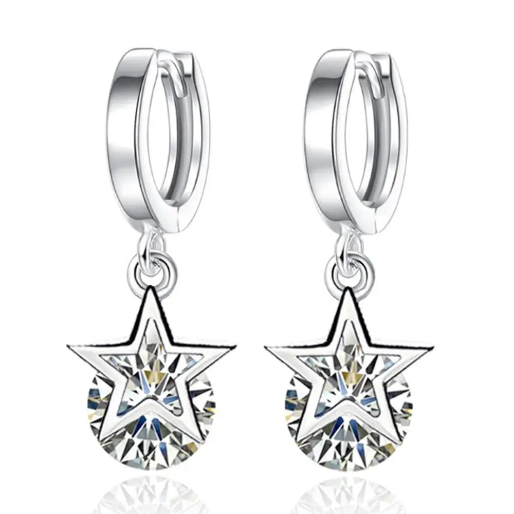 New 925 Sterling Silver Zircon Crystal Star Charm Stud Earrings Fine Jewelry
